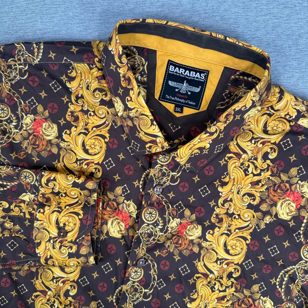 Barabas Dress Shirt Men 3XL Brown Gold Classic Fit Baroque Floral Monogram